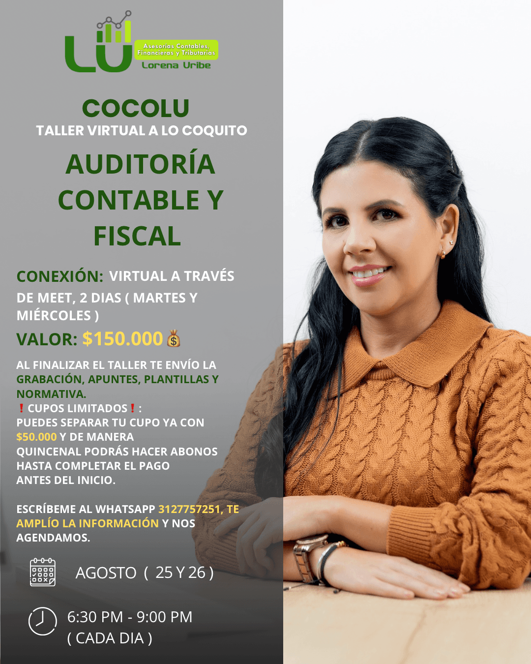 Flyer taller CocoLU Auditoría Contable y Fiscal - 25 y 26 de agosto, 6:30 pm a 9:00 pm