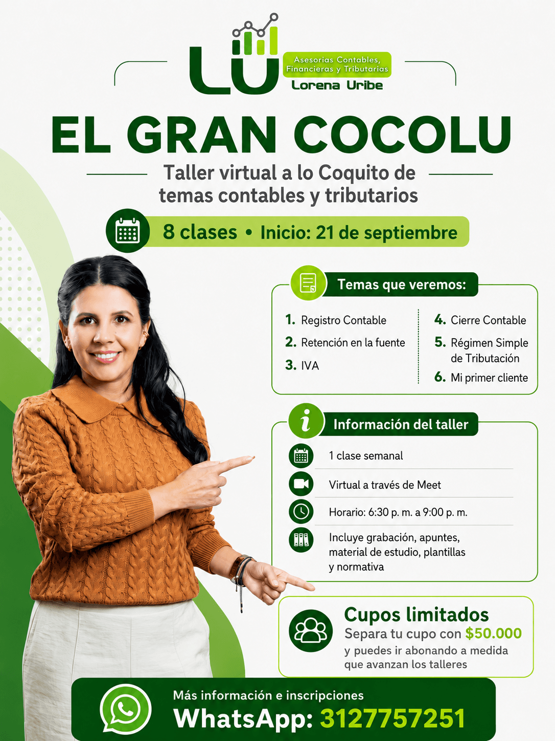 Flyer El Gran CocoLU, taller virtual de temas contables y tributarios - 8 clases, inicio 21 de septiembre